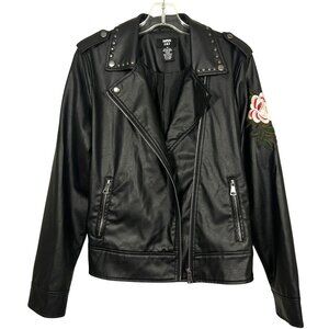 Miss Lili Womens Black Faux Leather Moto Jacket Floral Embroidery Studs M, NWOT